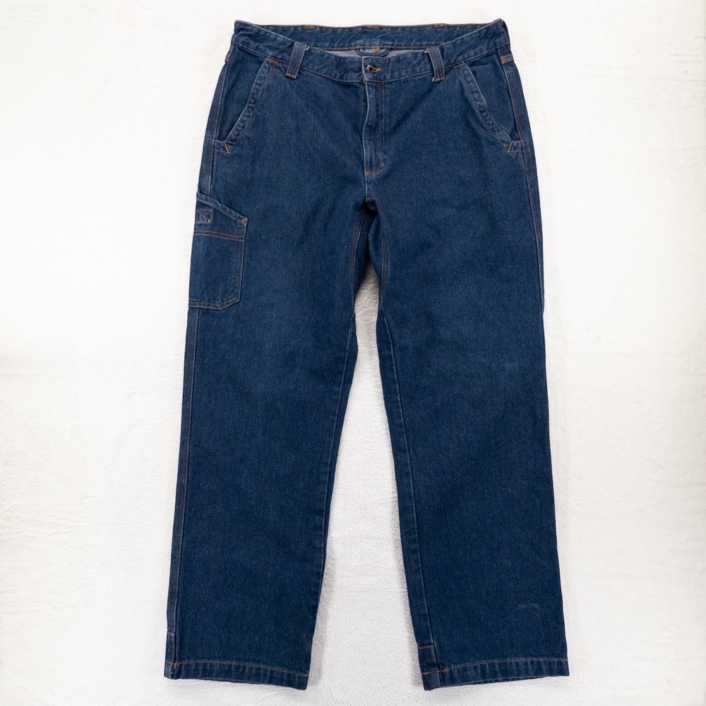 LL Bean Mens Carpenter Jeans 38x32 Blue Denim Workwear Utility Heavyweight
